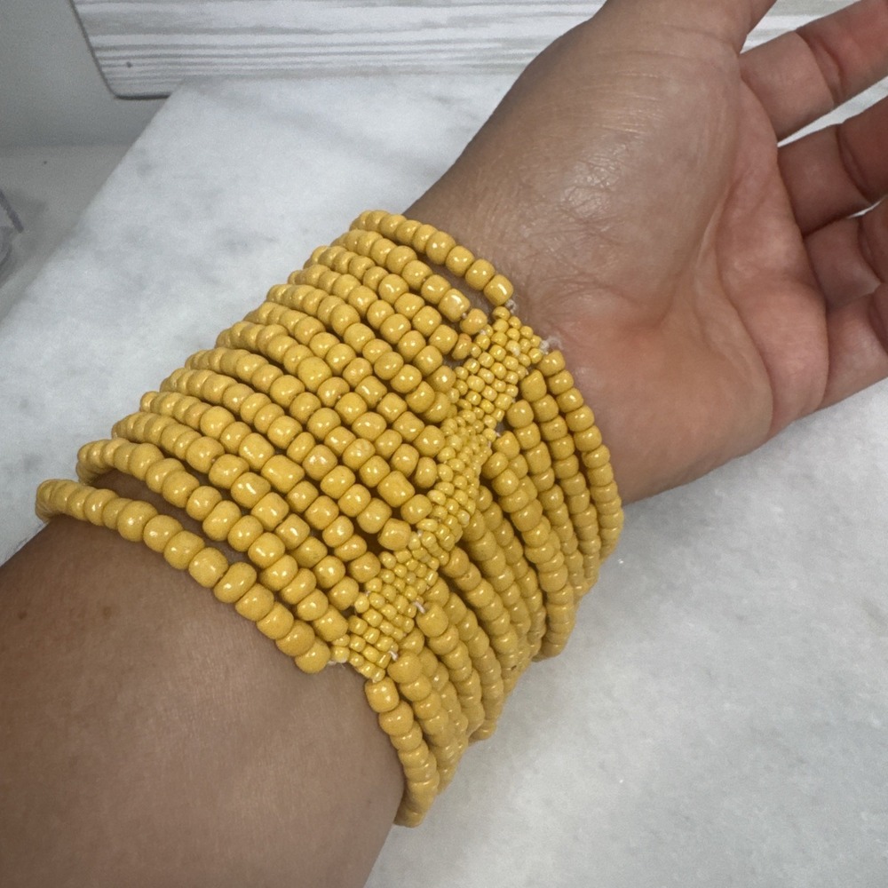 Yellow Glass Beaded Stretch Bracelet - 22cm Large Size - Picture 2 of 7